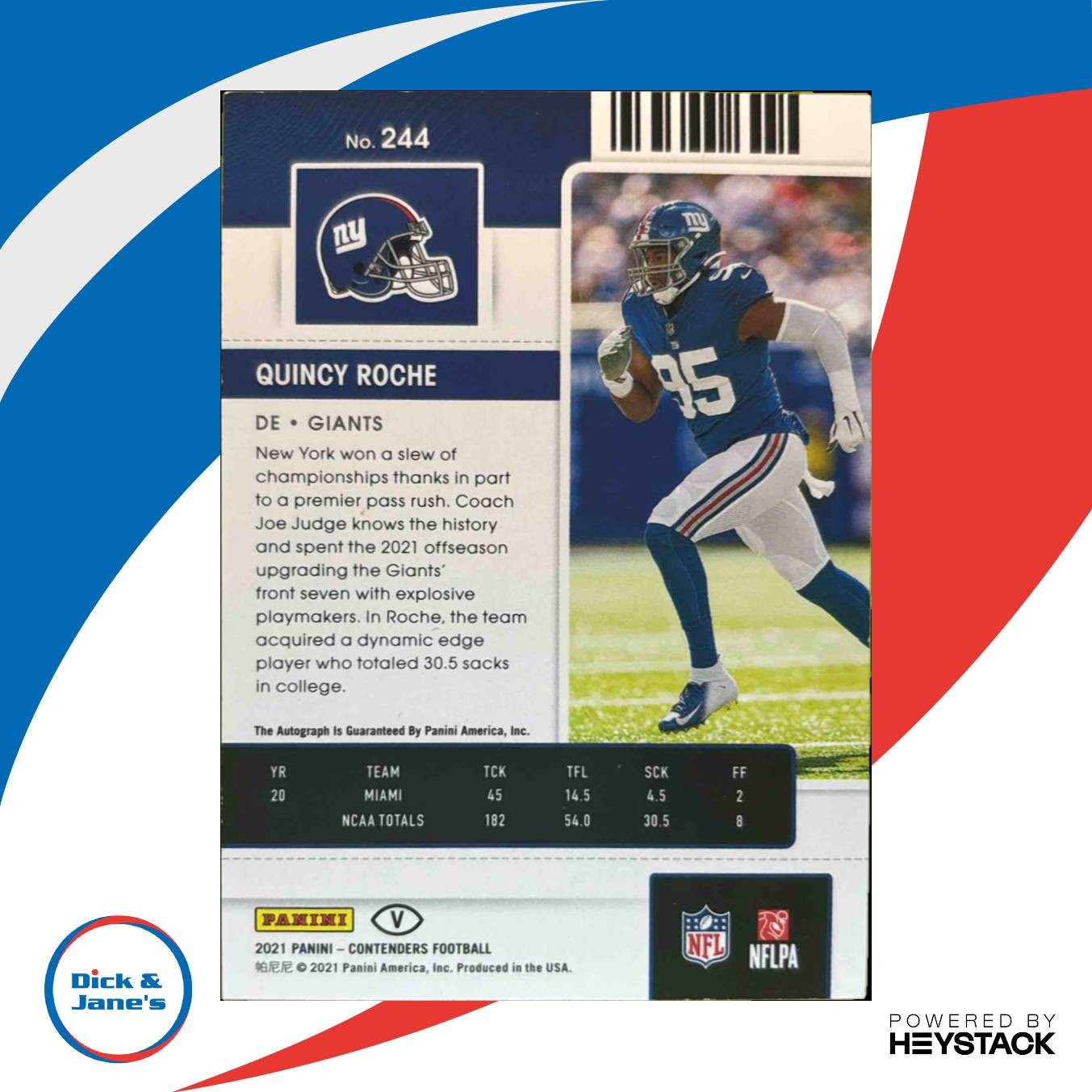 2021 Panini Contenders Quincy Roche Reverse Ticket #244 Auto RC New York Giants