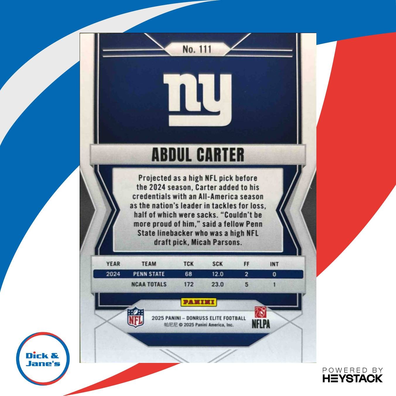 2025 Panini Donruss Elite Abdul Carter Rookies Red 52/99 #111 RC New York Giants