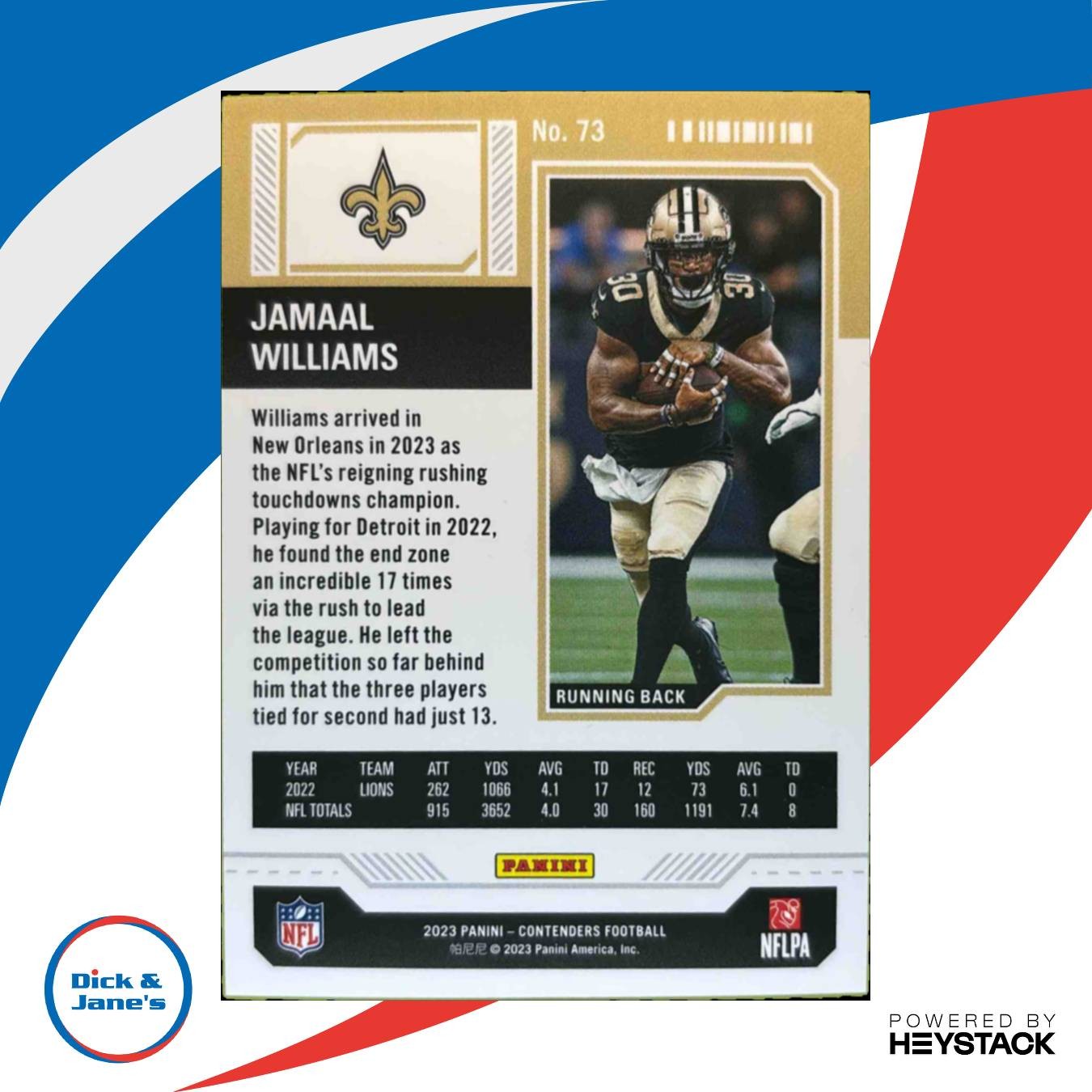 2023 Panini Contenders Jamaal Williams Game Ticket Blue /499 #73 Saints