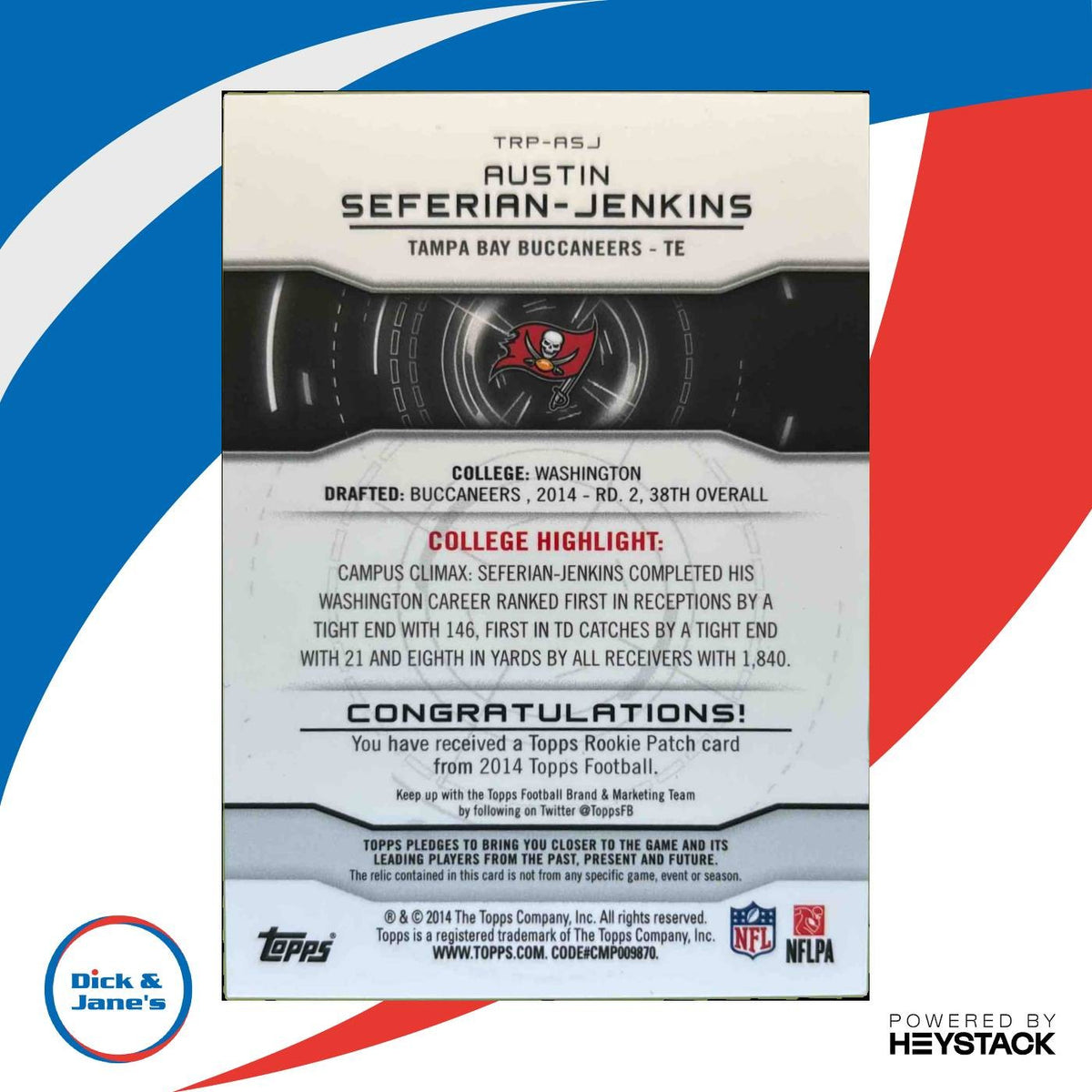 2014 Topps Austin Seferian-Jenkins Rookie Patch #TRP-ASJ RC Tampa Bay Buccaneers