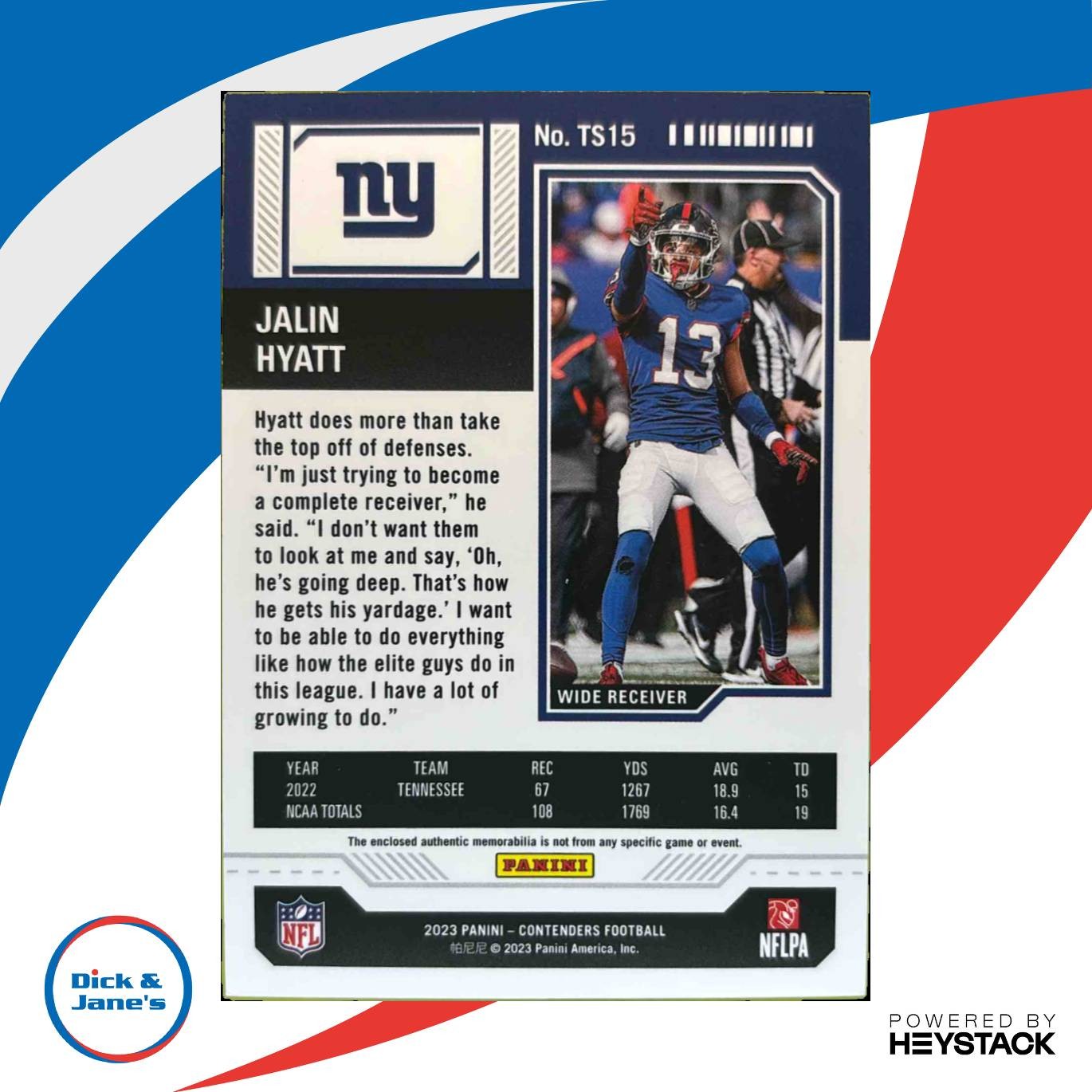 2023 Panini Contenders Jalin Hyatt Rookie Ticket Swatches #TS15 New York Giants