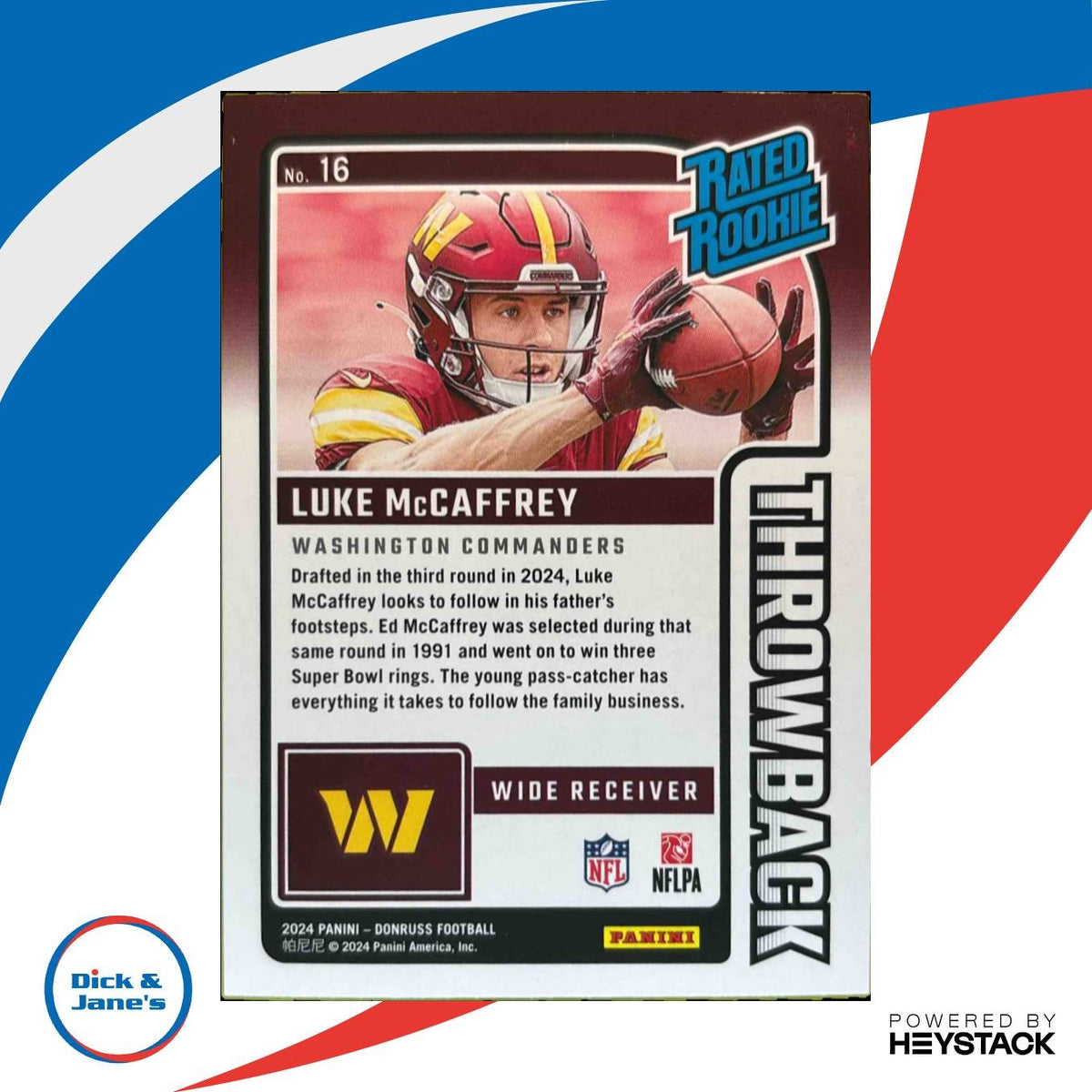 2024 Panini Donruss Luke McCaffrey Throwback #16 Washington Commanders