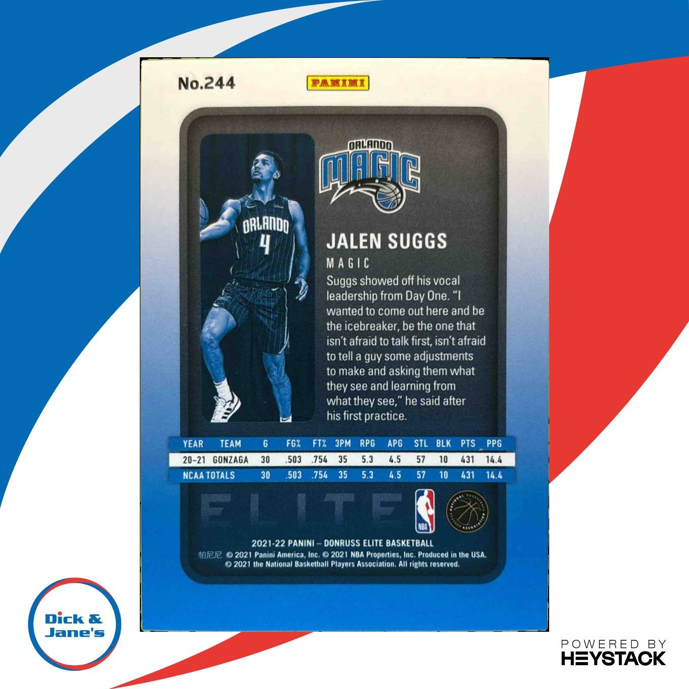 2021-22 Panini Donruss Elite Jalen Suggs Blue 51/99 #244 RC Orlando Magic