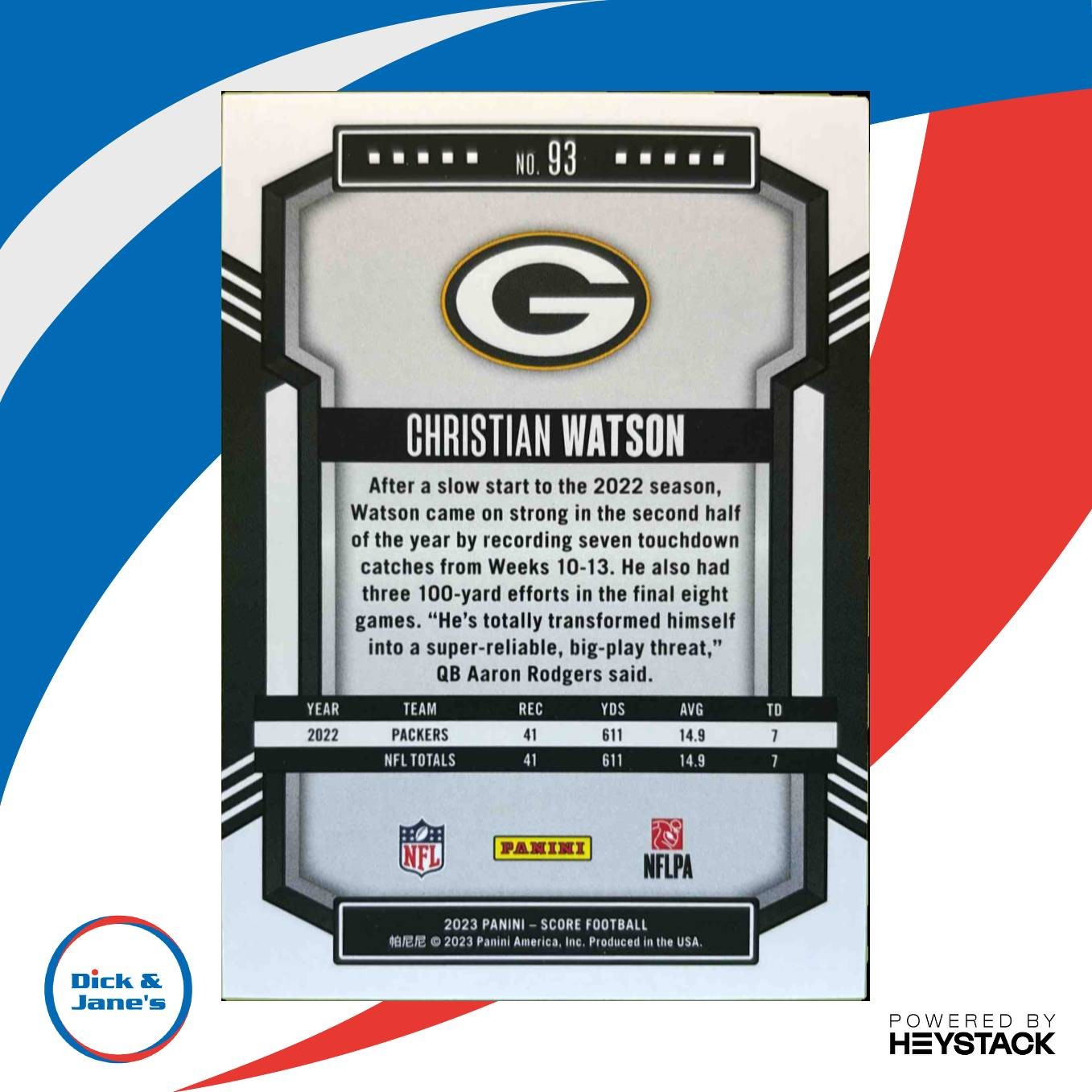 2023 Panini Score Christian Watson Green #93 Bay Packers