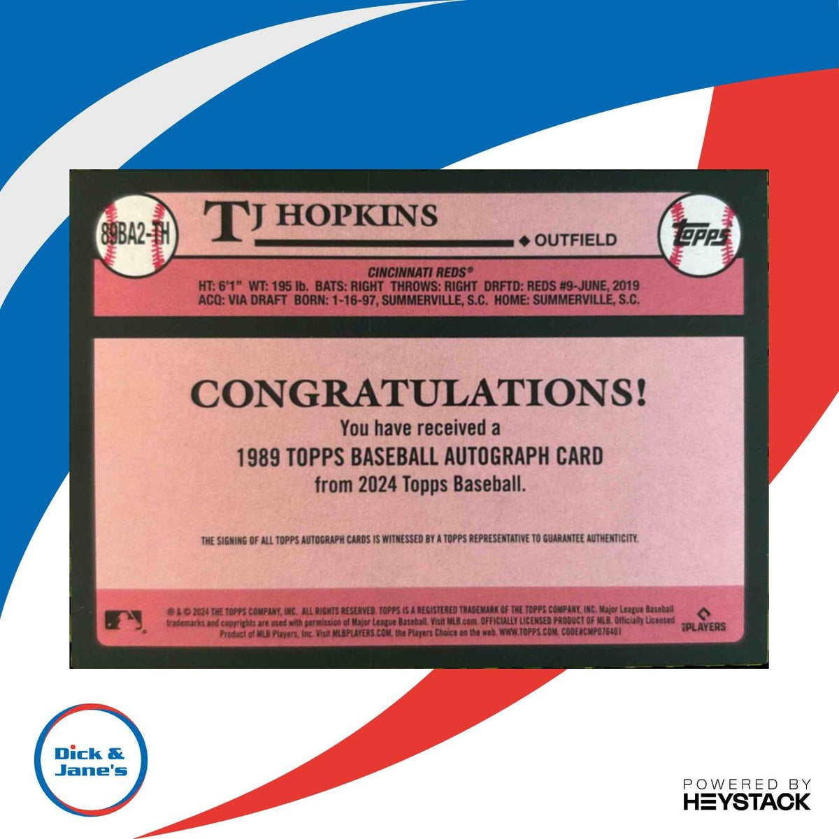 2024 Topps Update TJ Hopkins 1989 Baseball Auto #89BA2-TH Cincinnati Reds