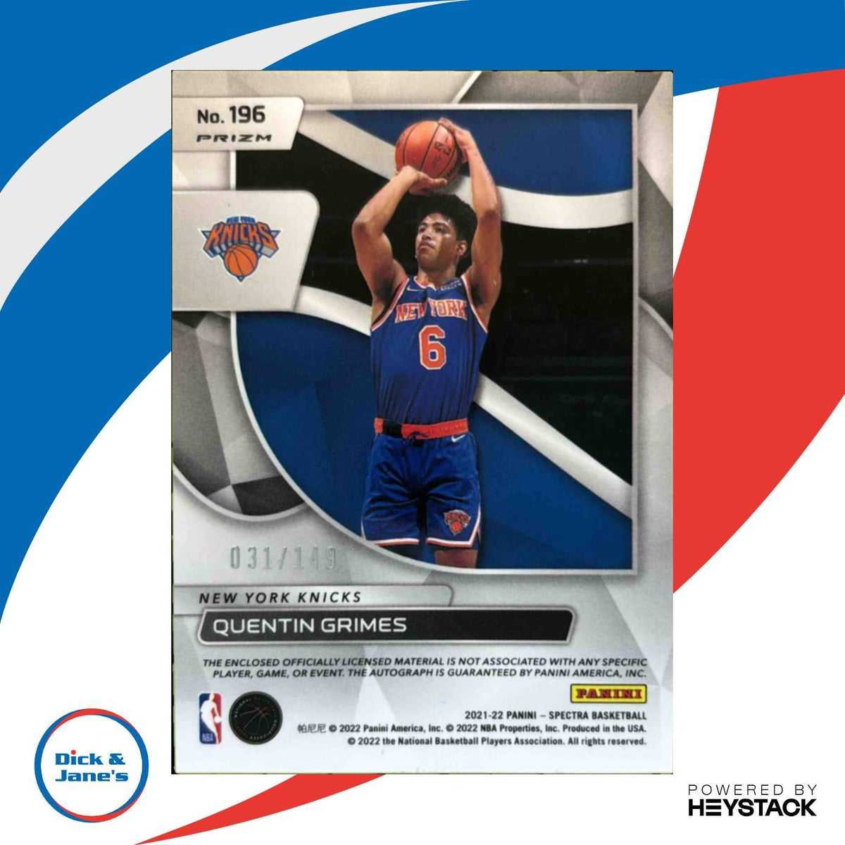 2021-22 Panini Spectra Quentin Grimes /149 #196 MEM Auto RC New York Knicks