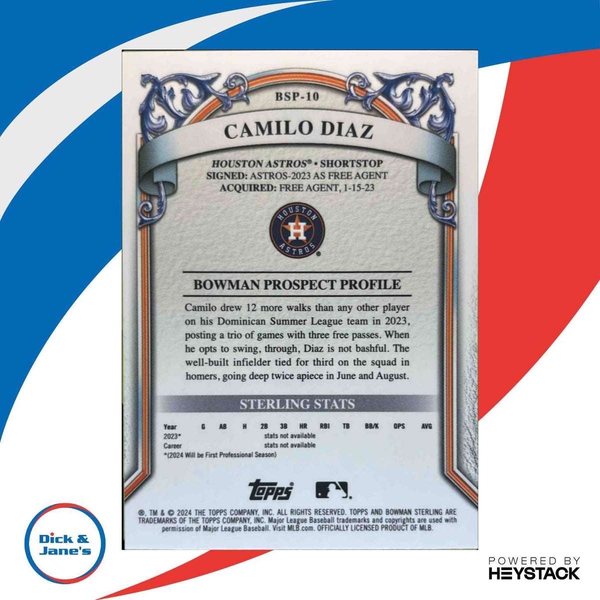 2024 Bowman Sterling Camilo Diaz Prospect Blue Refractor 25/25 Houston Astros
