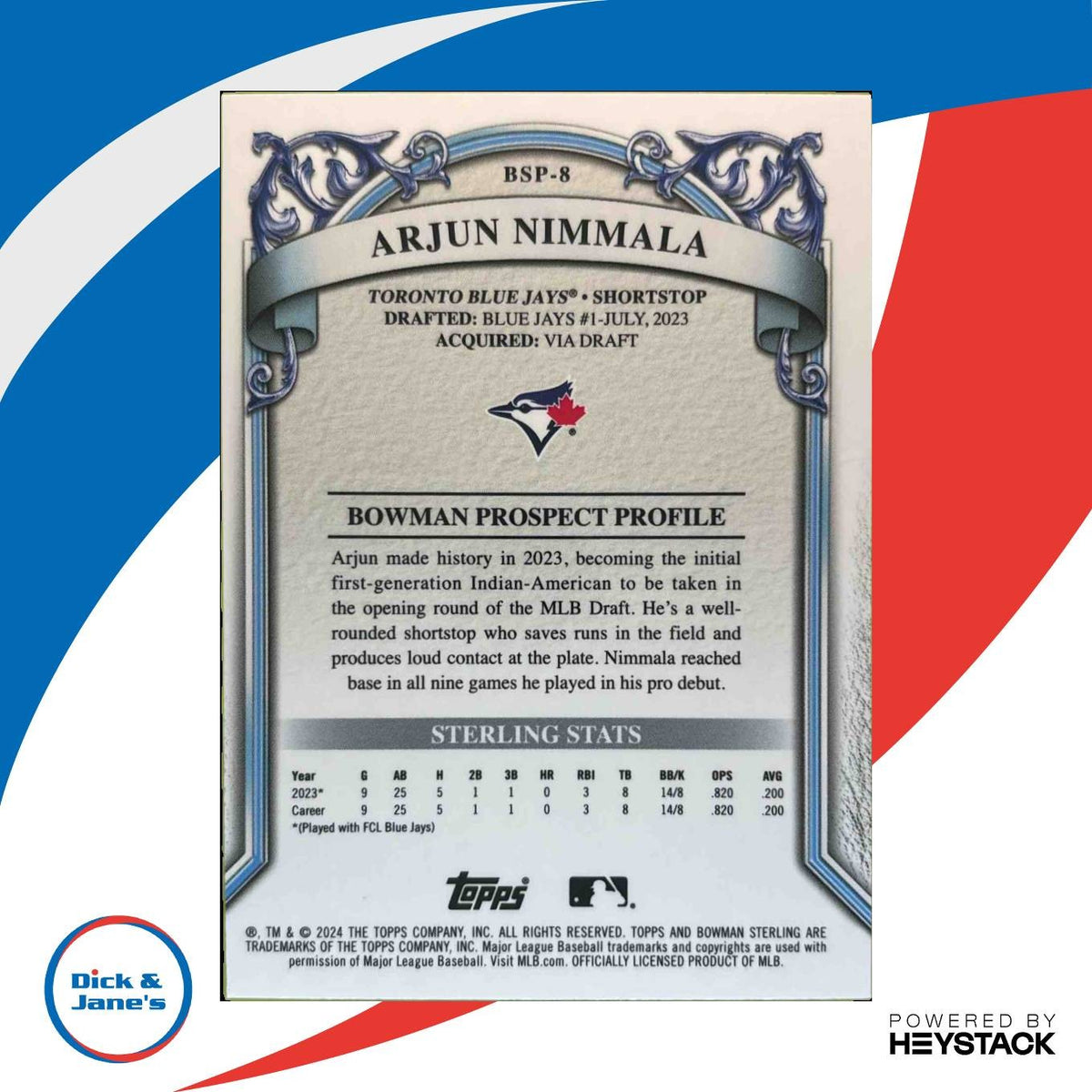 2024 Bowman Sterling Arjun Nimmala Prospect Gold Refractor /50 Toronto Blue Jays