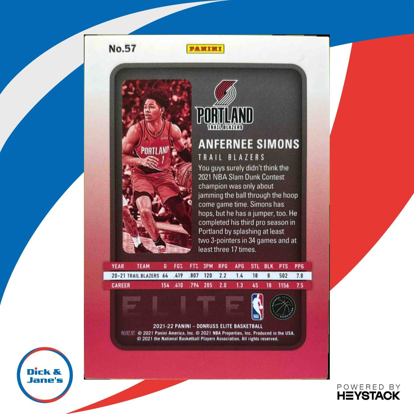 2021-22 Panini Donruss Elite Anfernee Simons Orange /210 #57 Trail Blazers