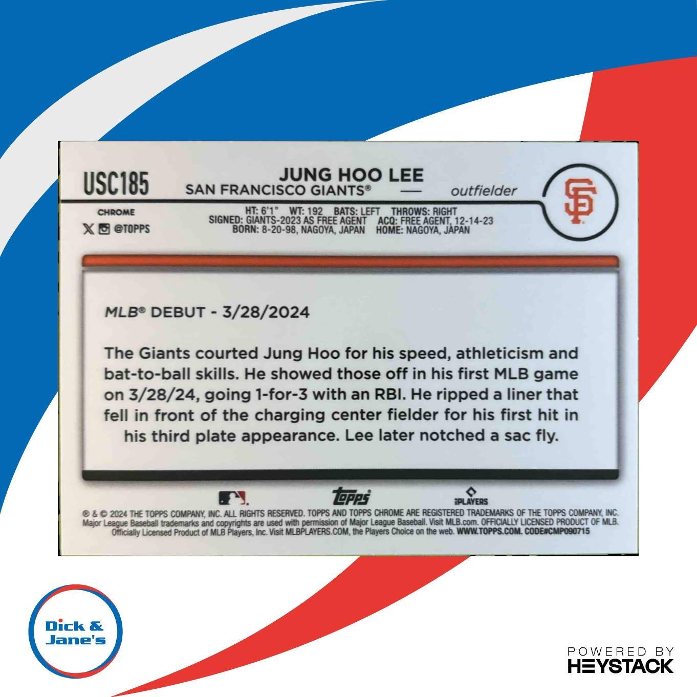 2024 Topps Chrome Update Jung HOO Lee Green Refractor /99 #USC185 RC Giants