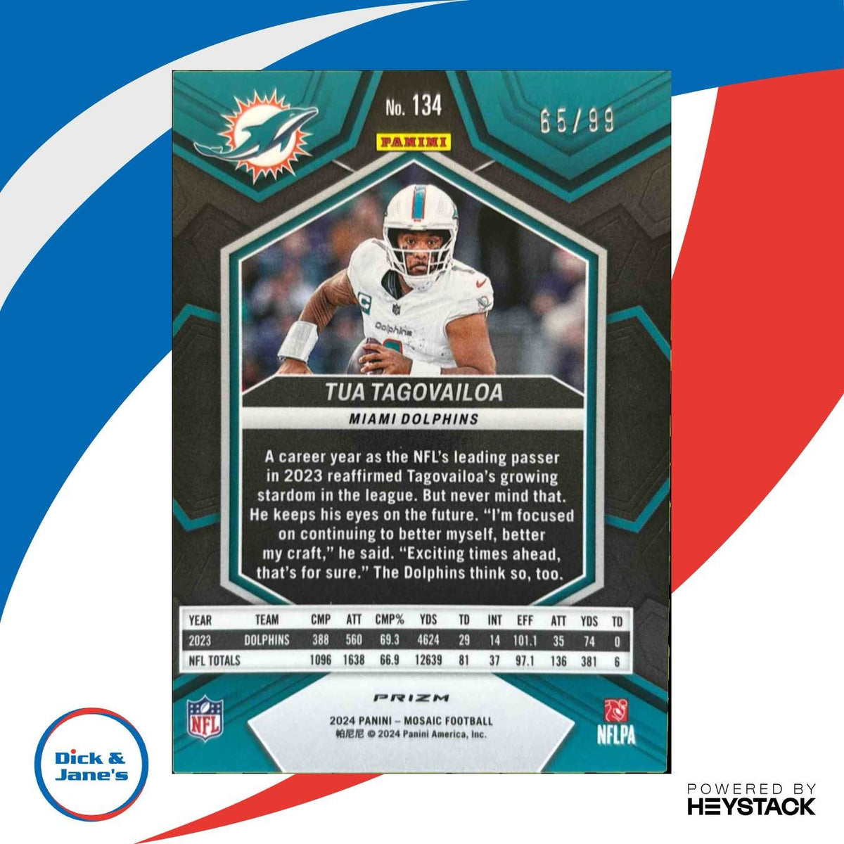 2024 Panini Mosaic Tua Tagovailoa Blue Prizm 65/99 #134 Miami Dolphins