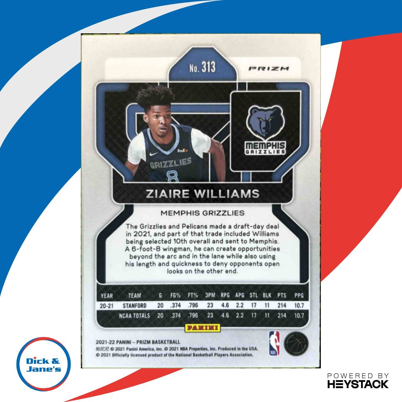 2021-22 Panini Prizm Ziaire Williams Ice #313 RC Memphis Grizzlies