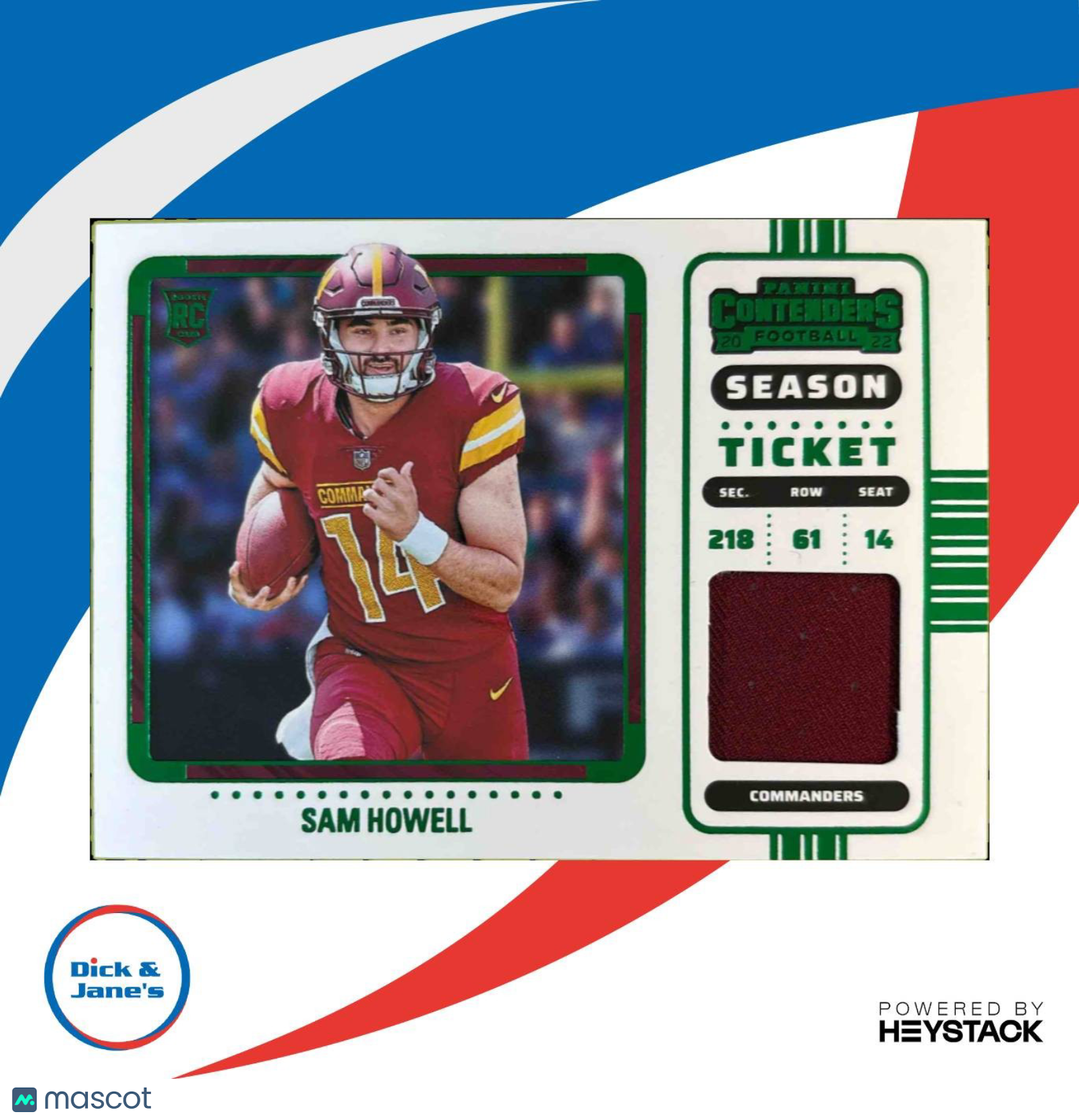 2022 Panini Contender Sam Howell Rookie Ticket Swatches RC Washington Commanders
