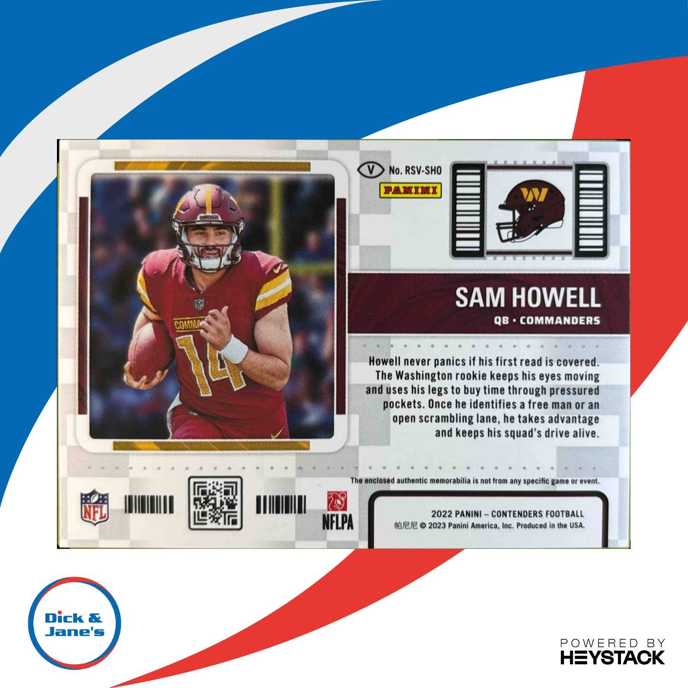 2022 Panini Contender Sam Howell Rookie Ticket Swatches RC Washington Commanders