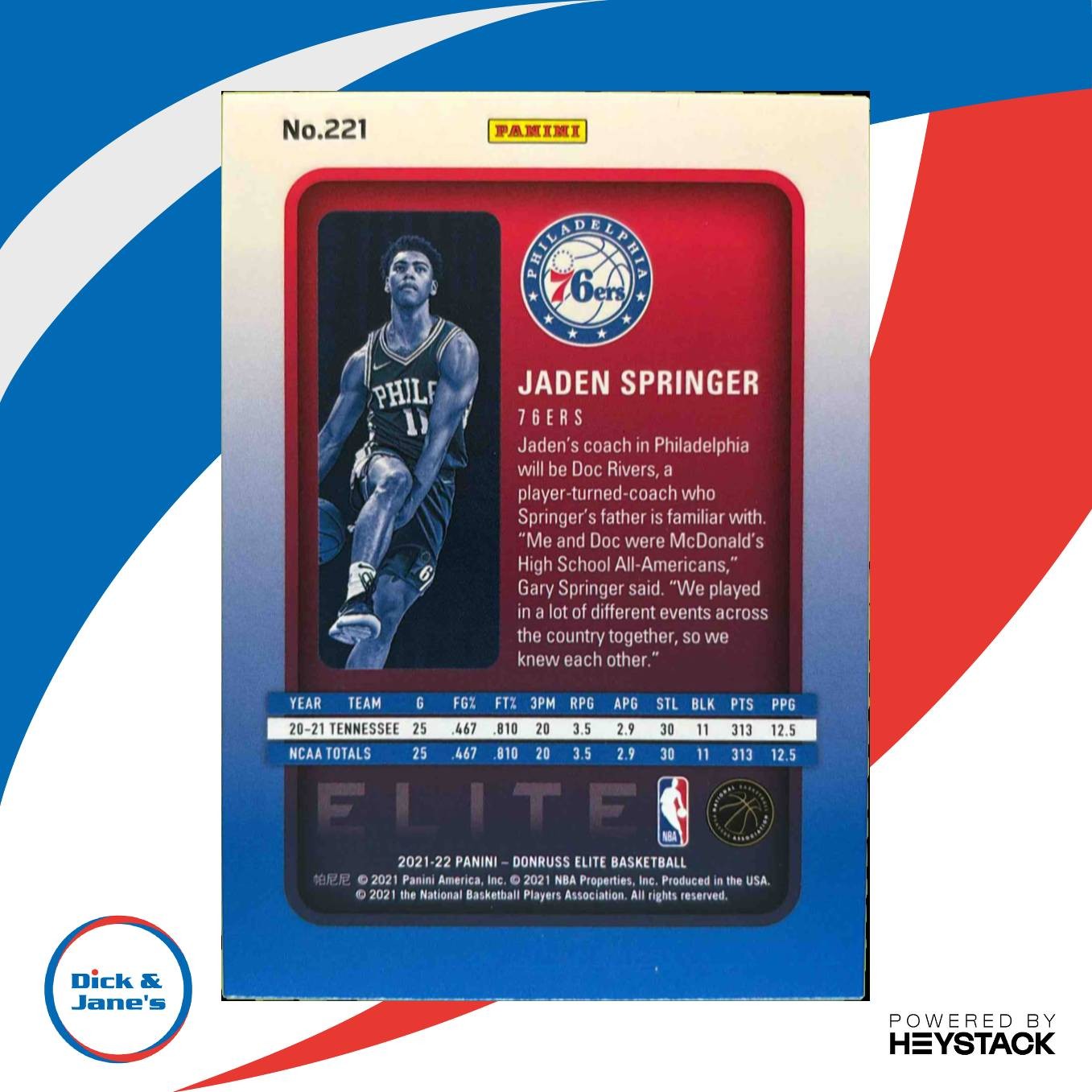 2021-22 Panini Donruss Elite Jaden Springer 14/999 #221 RC Philadelphia 76ers