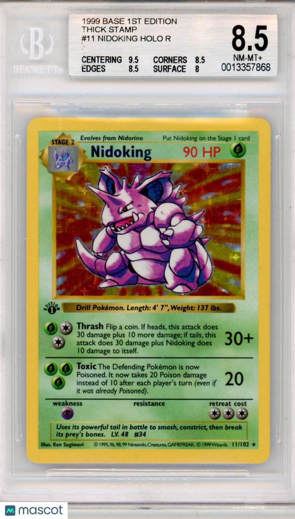 1999 Pokemon Base 1st Edition Thick Stamp Nidoking HOLO R #11 BGS 8.5