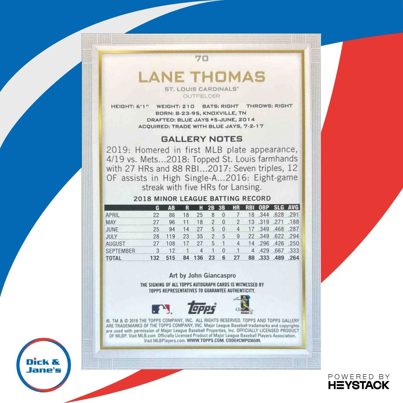 2019 Topps Gallery Lane Thomas Auto #70 RC St. Louis Cardinals