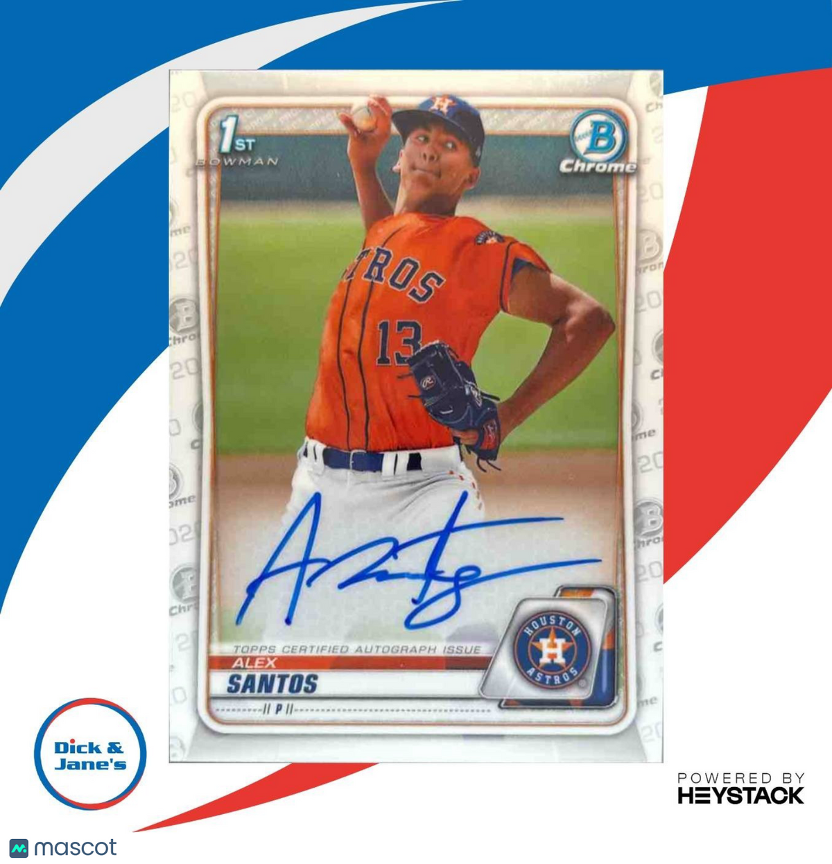 2020 Bowman Draft Alex Santos Chrome Pick Auto #CDA-ASAN Houston Astros