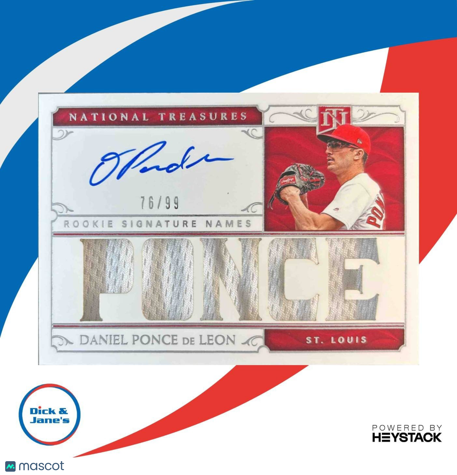 2019 National Treasures Daniel Ponce de Leon /99 #44 MEM Auto RC Cardinals