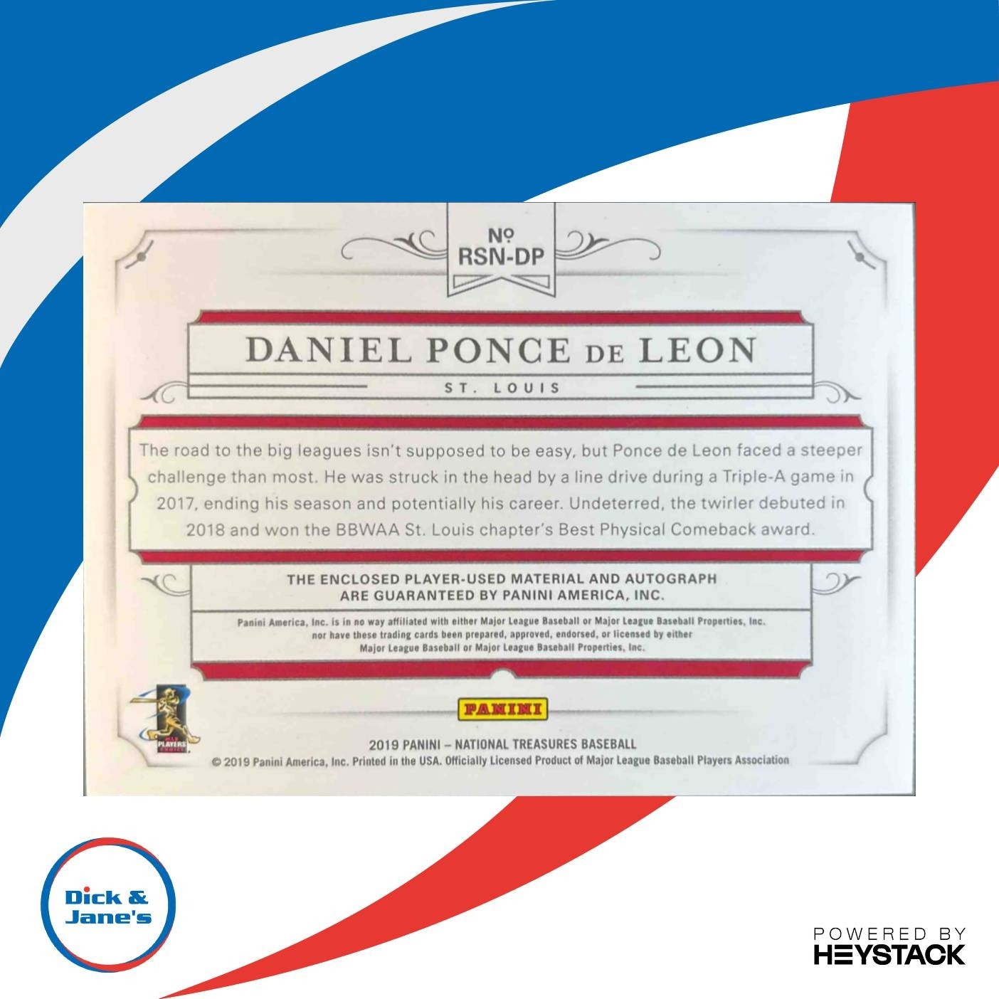 2019 National Treasures Daniel Ponce de Leon /99 #44 MEM Auto RC Cardinals
