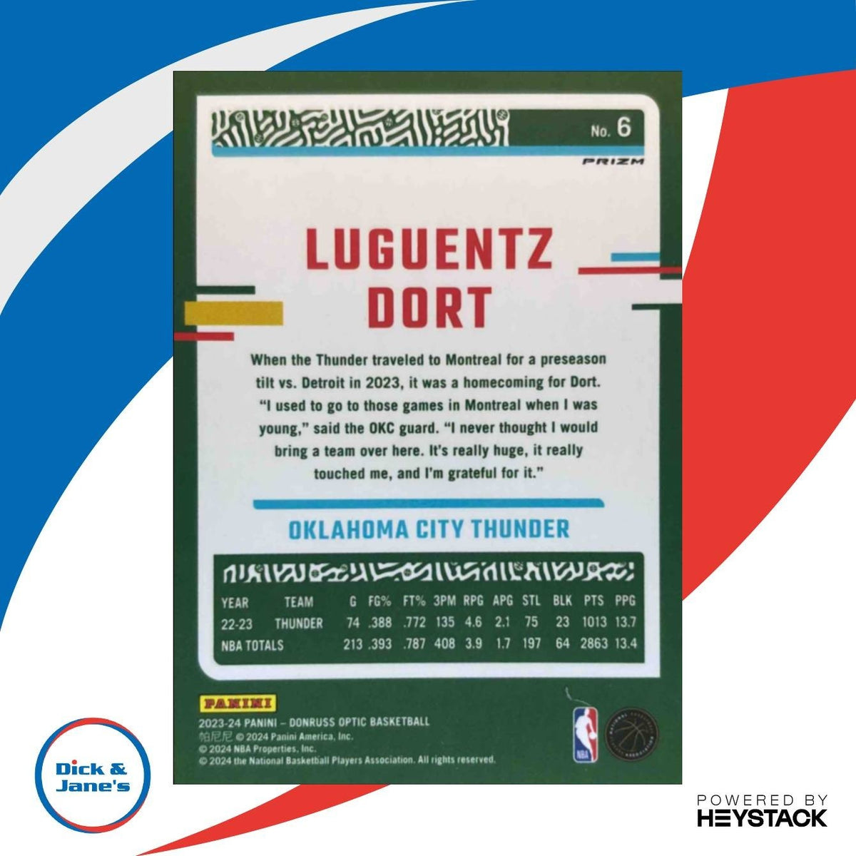 2023-24 Panini Donruss Optic Luguentz Dort Jazz Prizm #6 Oklahoma City Thunder