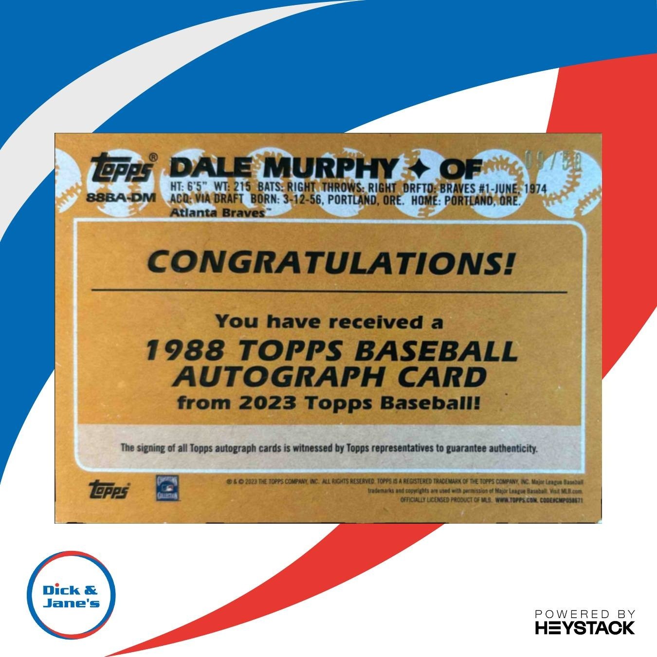 2023 Topps Dale Murphy 1988 Baseball 35th Anniversary Auto Gold /50 Braves