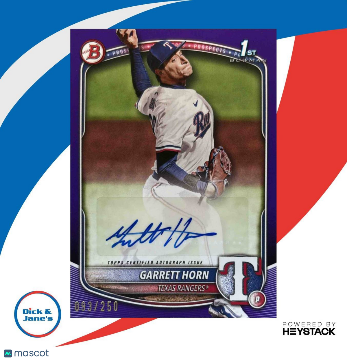 2025 Bowman Garrett Horn Auto Purple Border 93/250 1st Prospect Texas Rangers