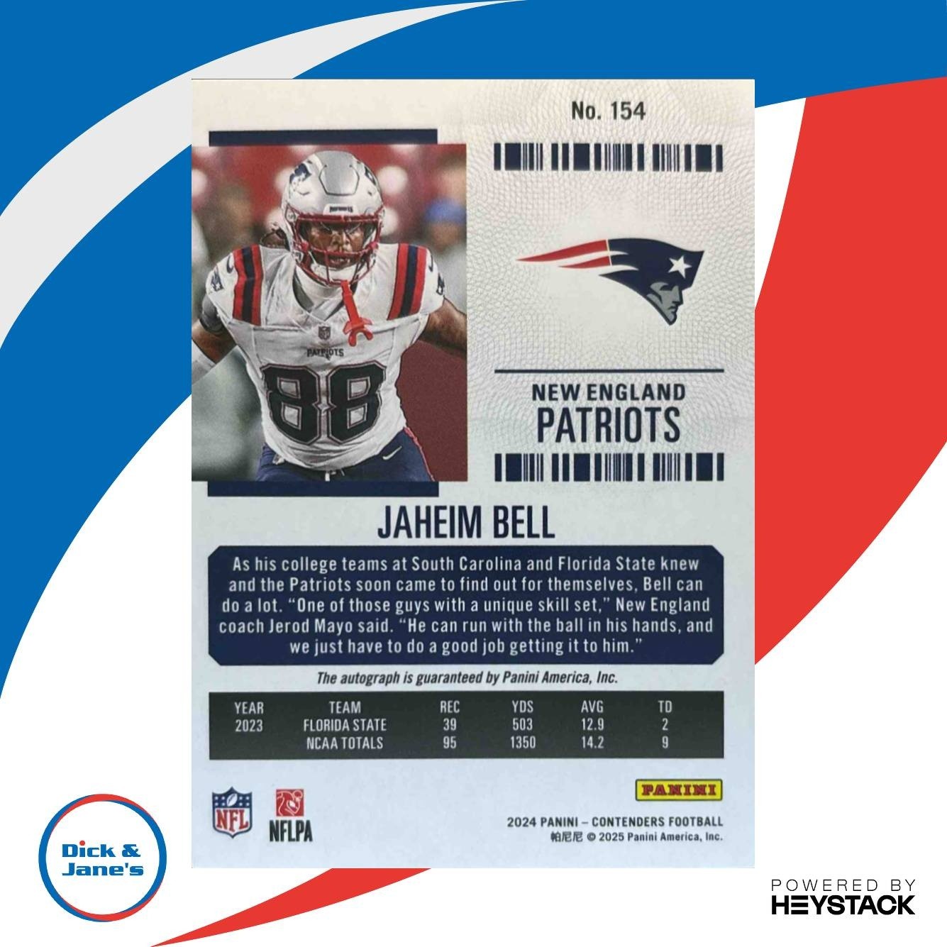 2024 Contenders Jaheim Bell Rookie Ticket Auto Opening Kickoff #154 RC Patriots