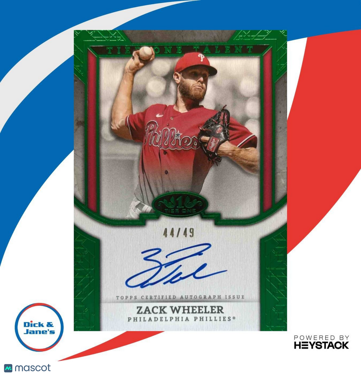 2024 Topps Tier One Zack Wheeler Talent Auto Green Foil 44/49 Phillies