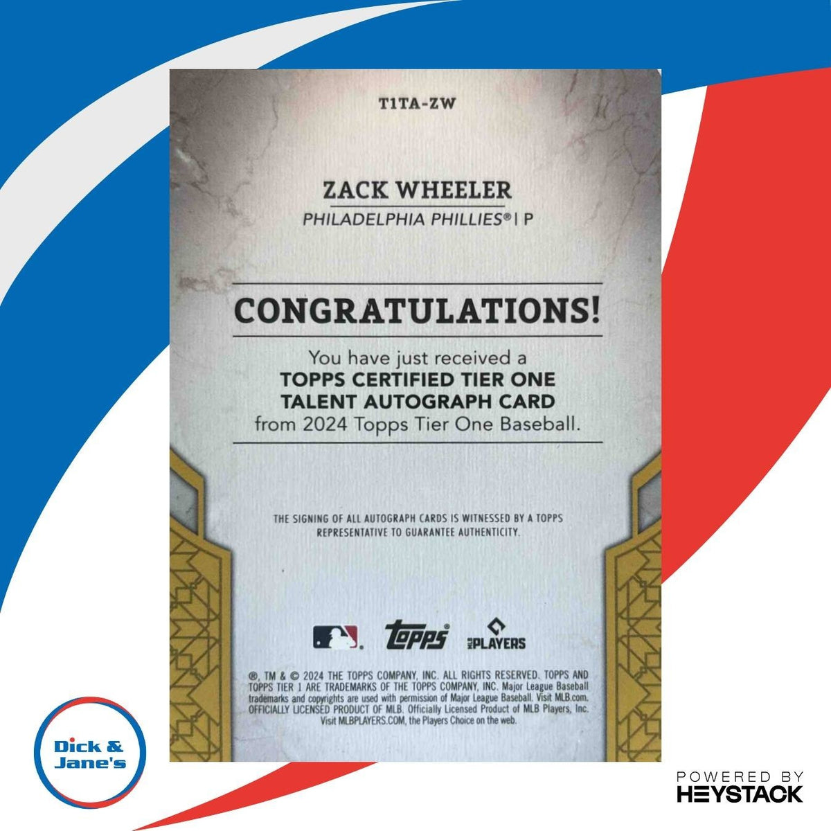 2024 Topps Tier One Zack Wheeler Talent Auto Green Foil 44/49 Phillies