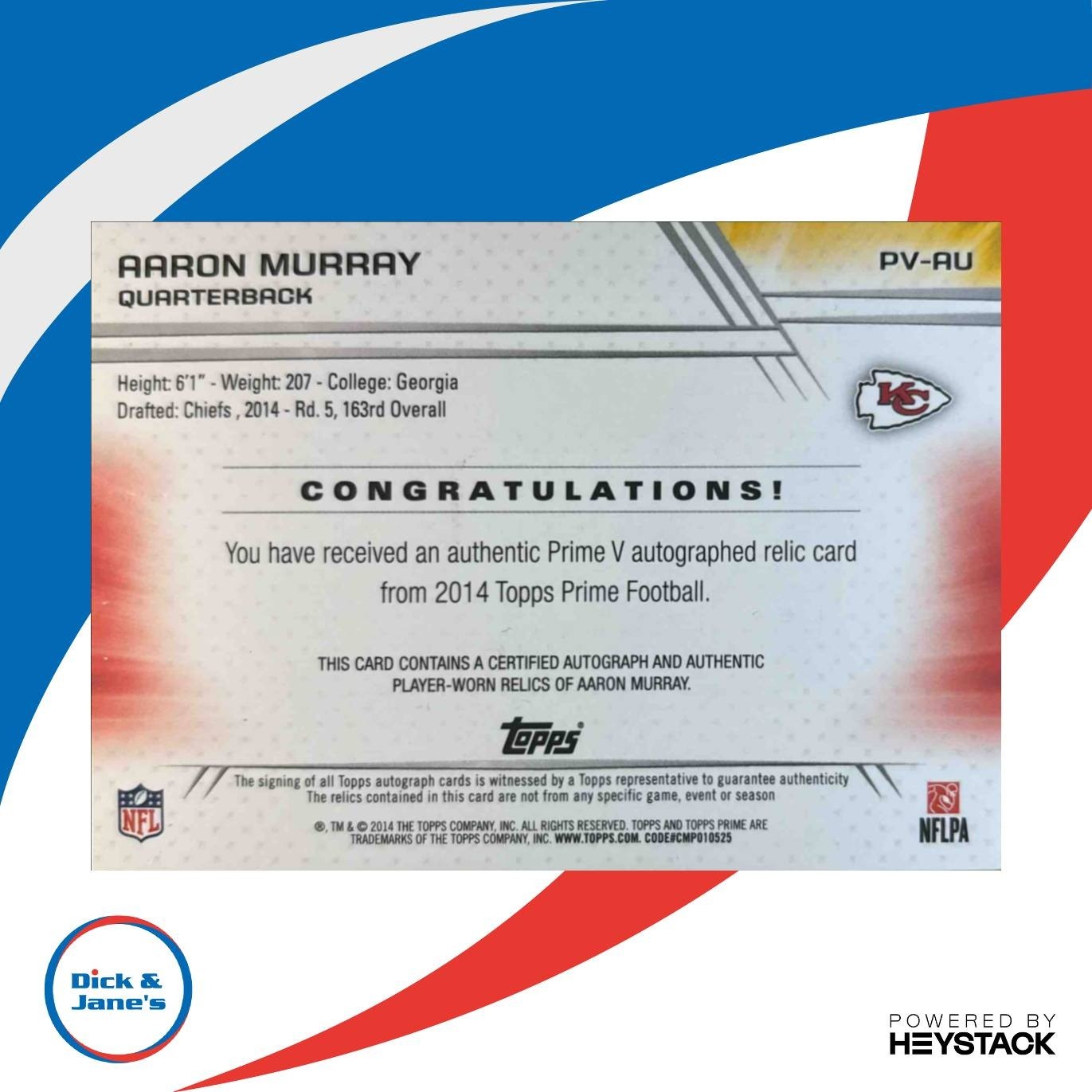 2014 Topps Prime Aaron Murray Auto Relics Level 5 #PV-AU RC Kansas City Chiefs