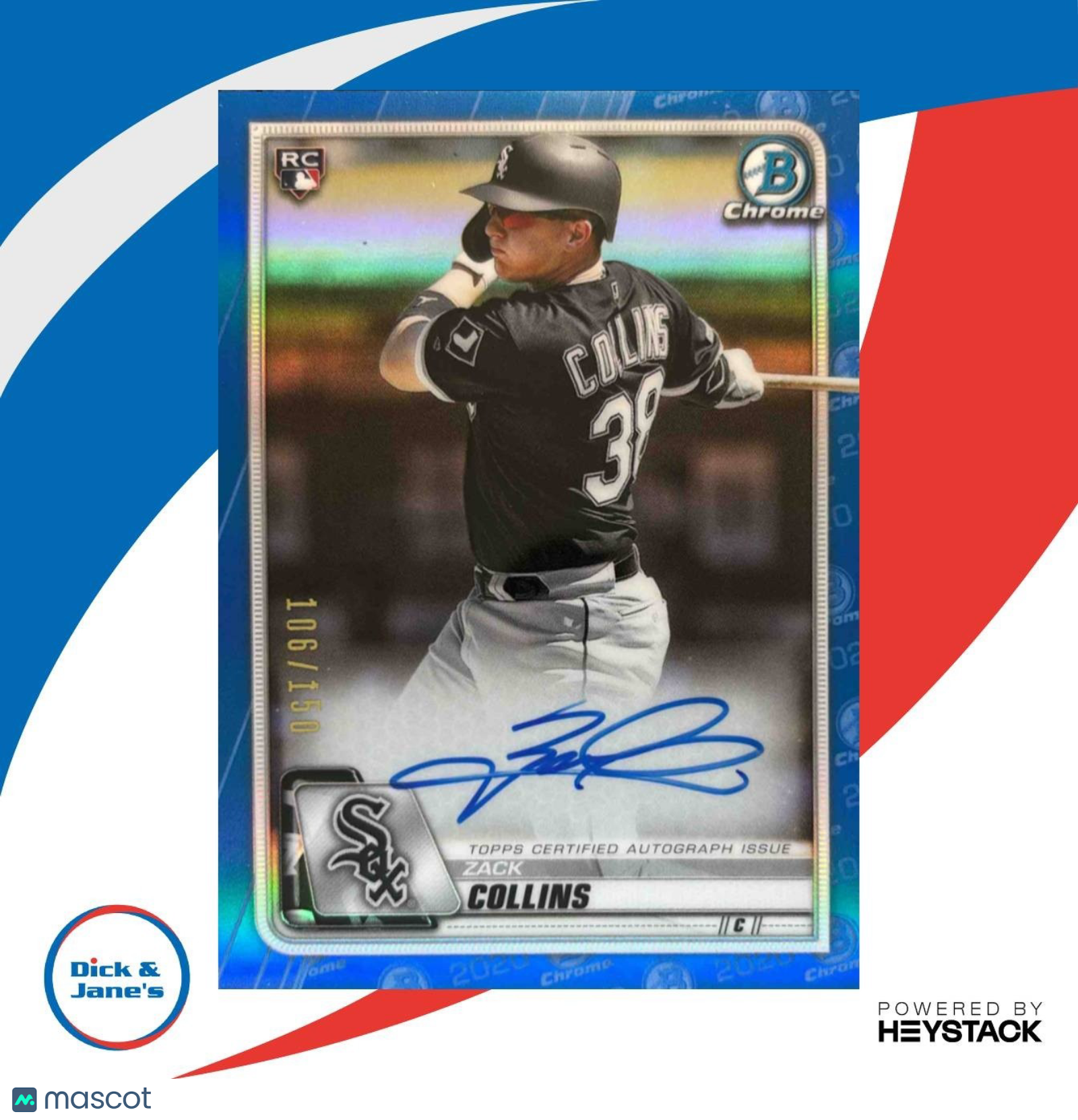 2020 Bowman Chrome Zack Collins Rookie Auto Blue Refractor 106/150 White Sox
