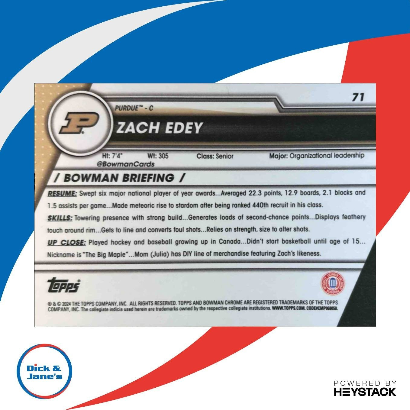 2023-24 Bowman University Chrome Zach Edey #71 Purdue Boilermakers
