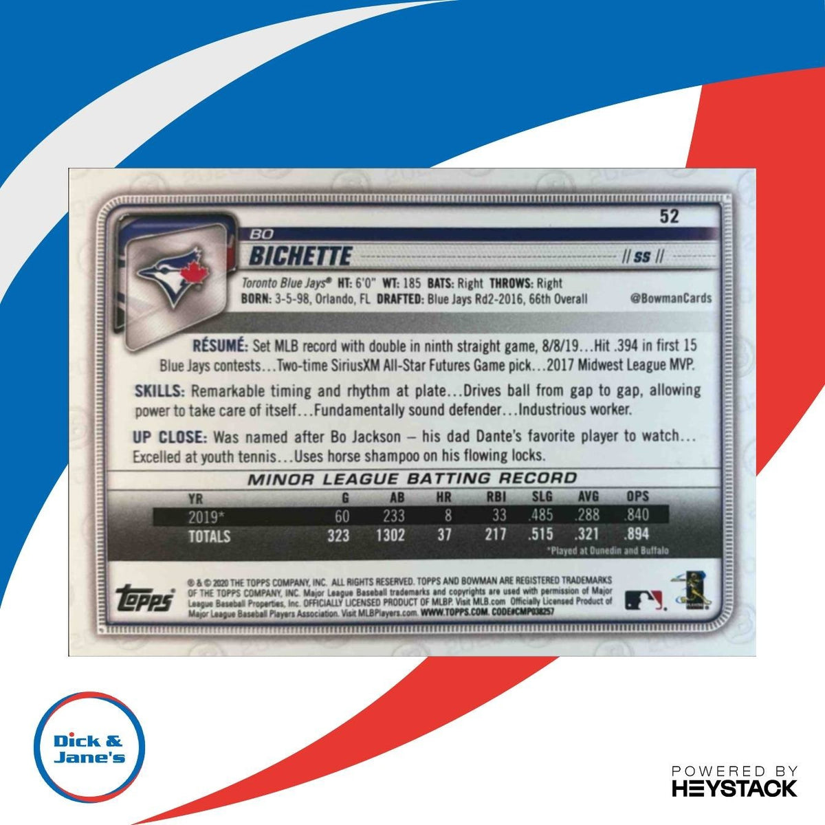 2020 Bowman Bo Bichette #52 RC Toronto Blue Jays