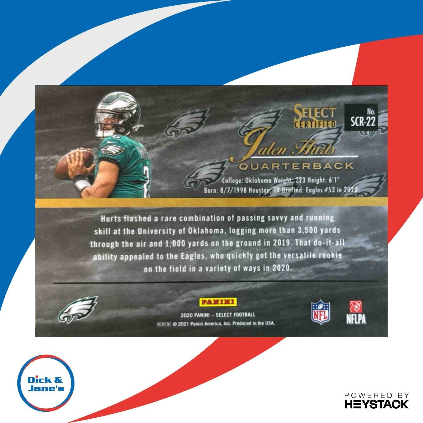 2020 Panini Select Jalen Hurts Certified Rookies #SCR-22 RC Philadelphia Eagles