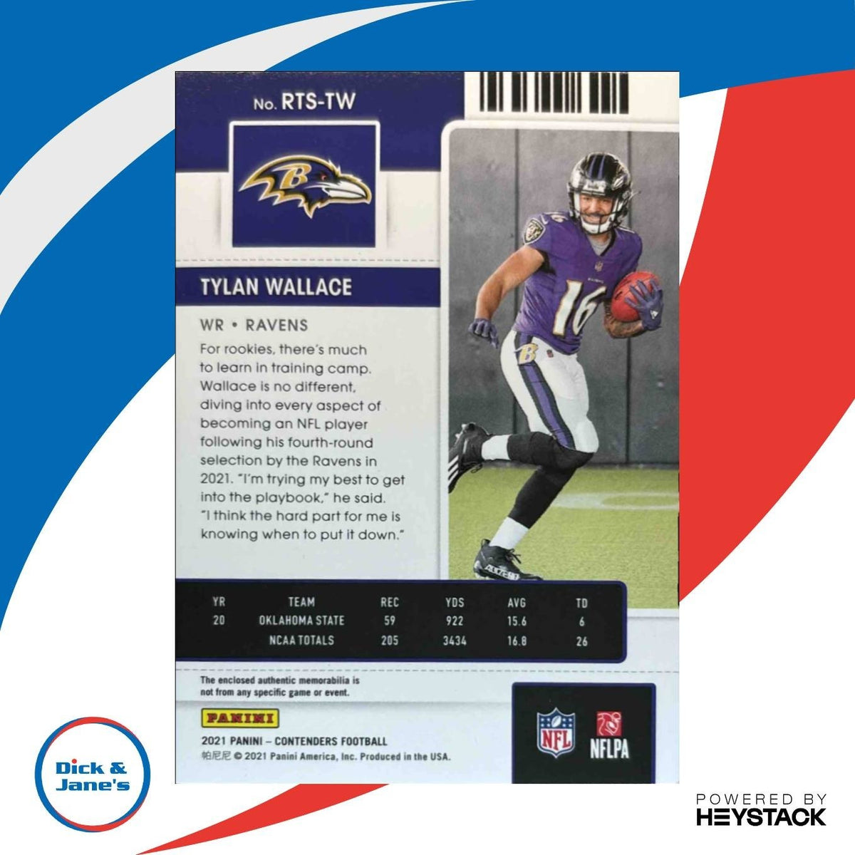 2021 Panini Contenders Tylan Wallace Rookie Ticket Swatches RC Baltimore Ravens