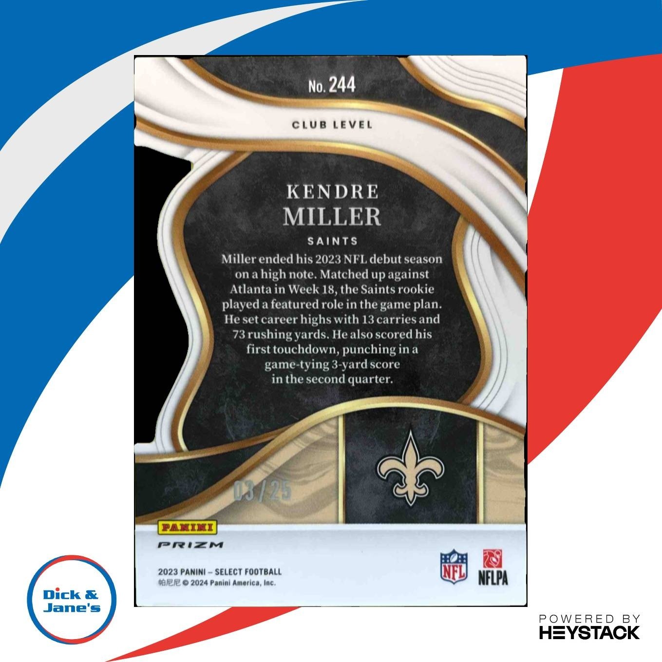 2023 Panini Select Kendre Miller Tie Dye Prizms Die Cut 3/25 #244 RC Saints