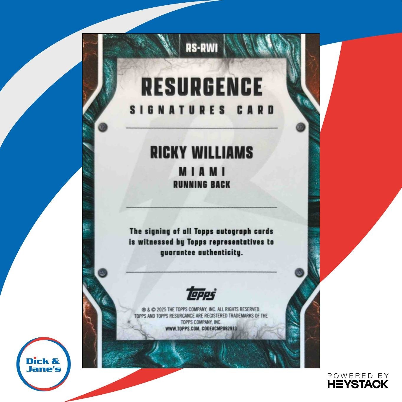 2024 Topps Resurgence Ricky Williams Signature Blue Surge /99 Auto Dolphins