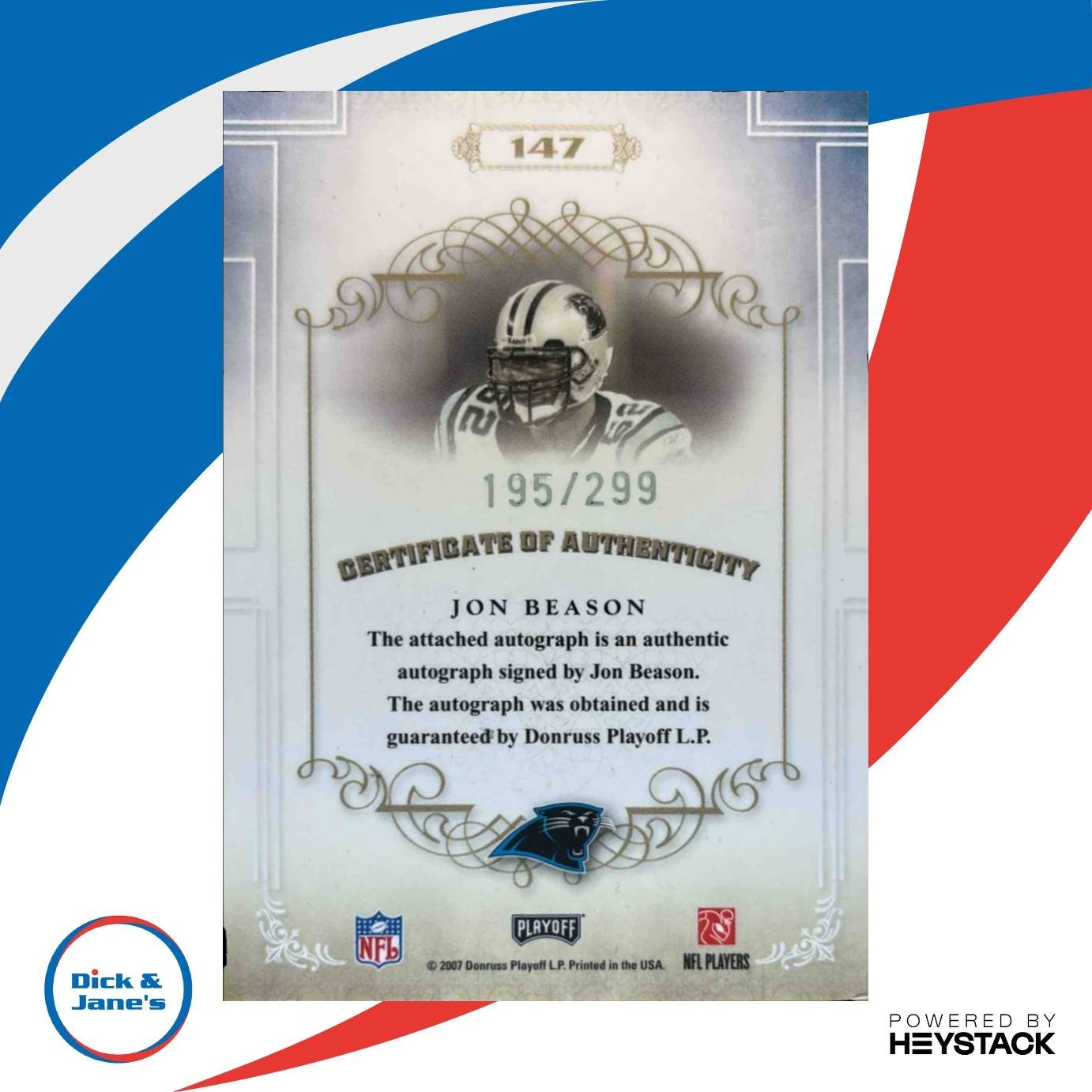 2007 Playoff National Treasures Jon Beason Signature /100 #147 Auto Panthers