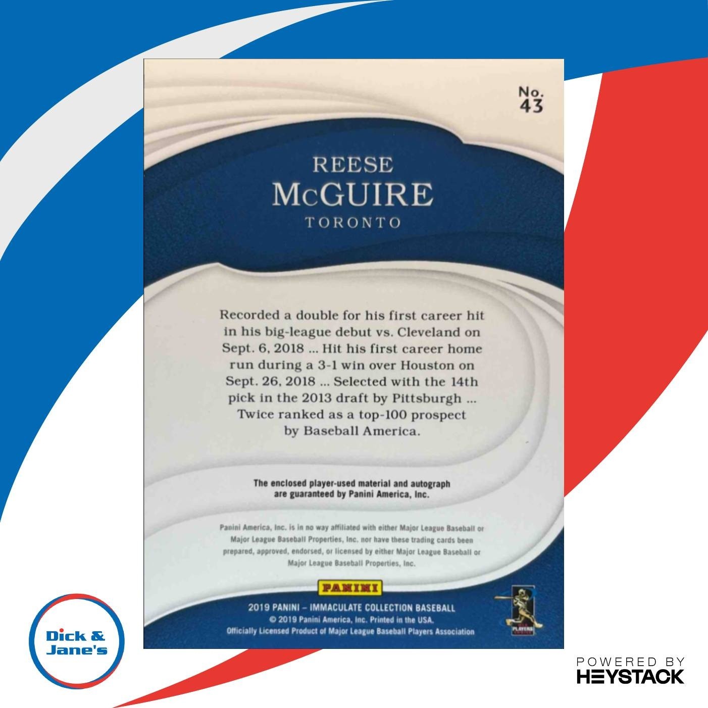 2019 Panini Immaculate Collection Reese McGuire 44/99 #43 MEM Auto RC Blue Jays