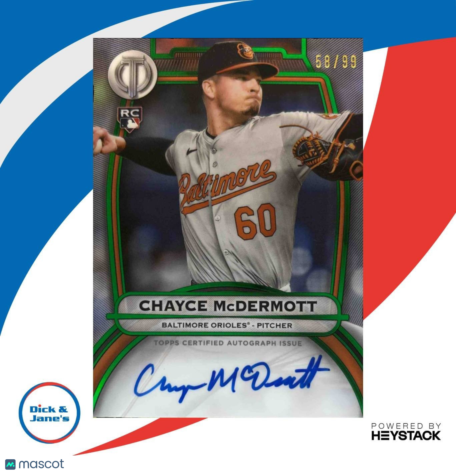 2025 Topps Tribute Chayce McDermott Auto Green 58/99 RC Baltimore Orioles