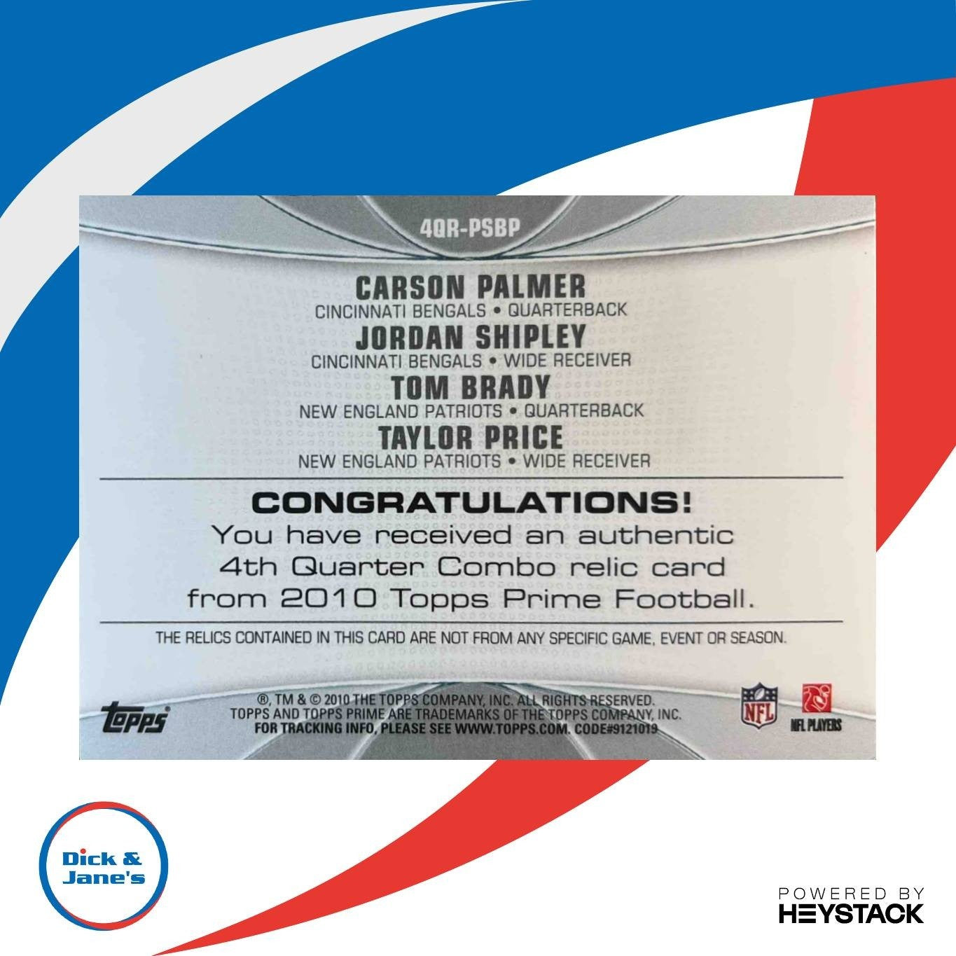 2010 Topp Prime Carson Palmer Jordan Shipley Tom Brady Taylor Price Relics /124