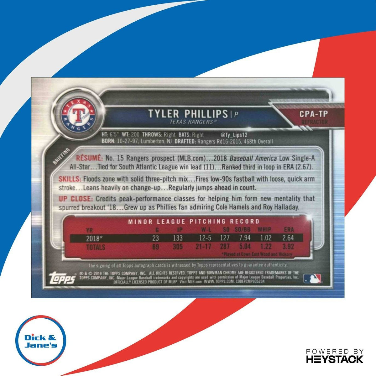 2019 Bowman Chrome Tyler Phillips Prospects Auto Refractor /499 Texas Rangers