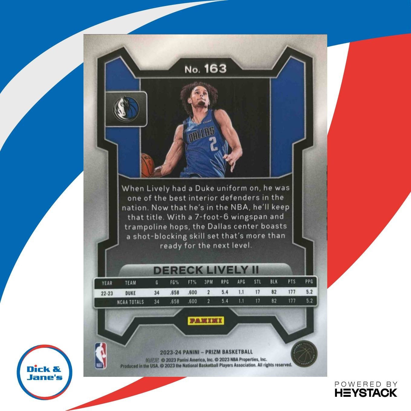 2023-24 Panini Prizm Dereck Lively II #163 RC Dallas Mavericks