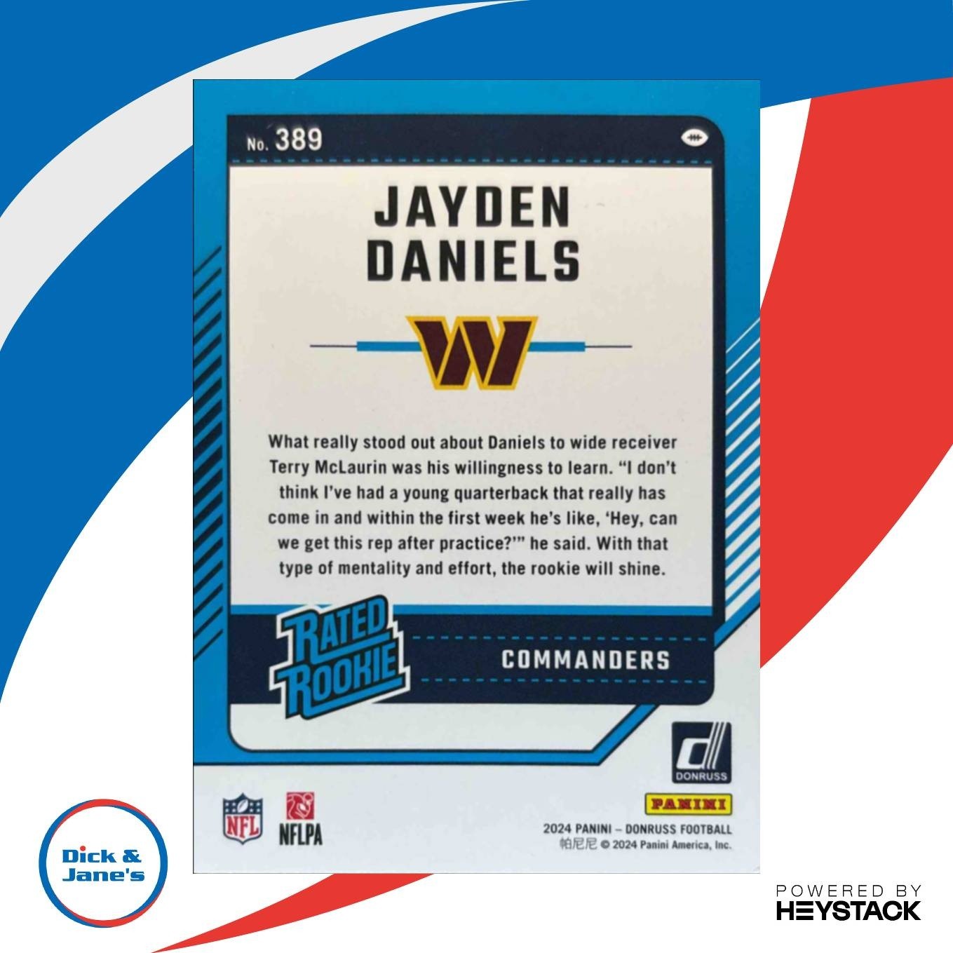 2024 Panini Donruss Jayden Daniels #389 RC Rated Rookie Washington Commanders