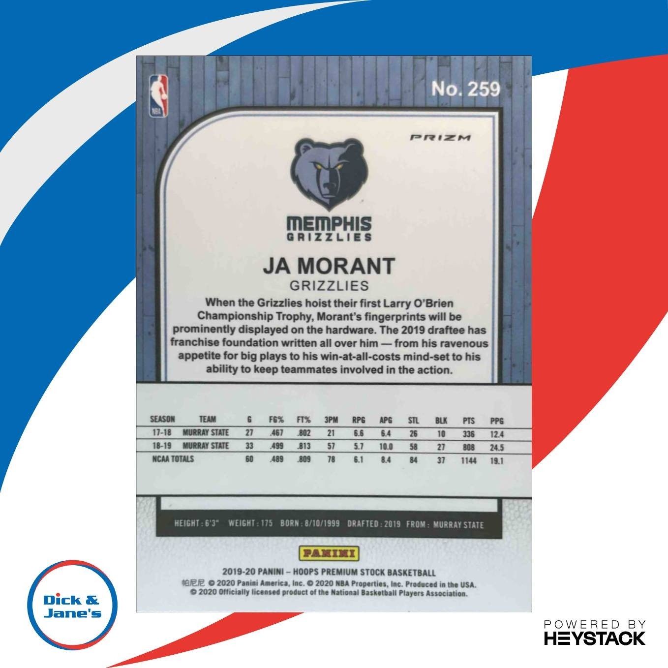 2019-20 Panini Hoops Ja Morant Prizms Red Cracked Ice #259 RC Memphis Grizzlies