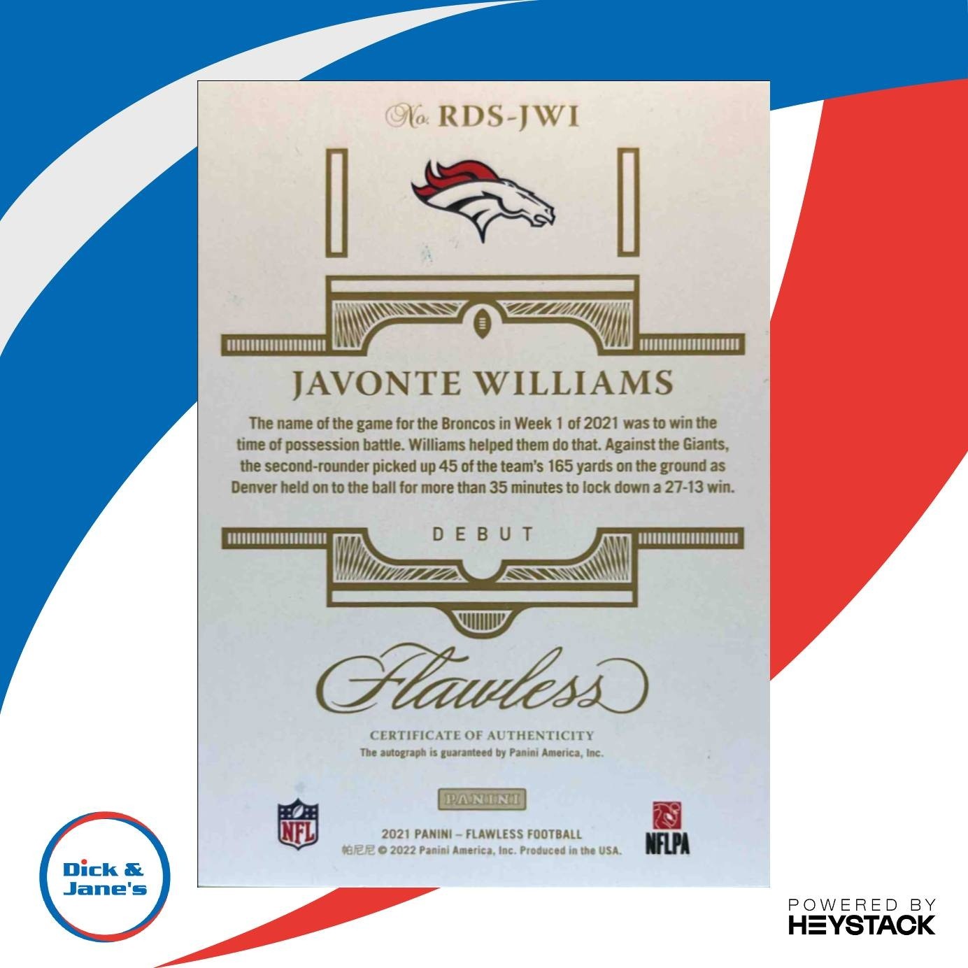2021 Panini Flawless Javonte Williams Rookie Debut Signatures Ruby 7/15 Broncos
