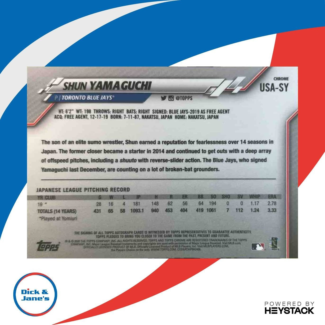 2020 Topps Chrome Update Shun Yamaguchi Auto #USA-SY RC Toronto Blue Jays