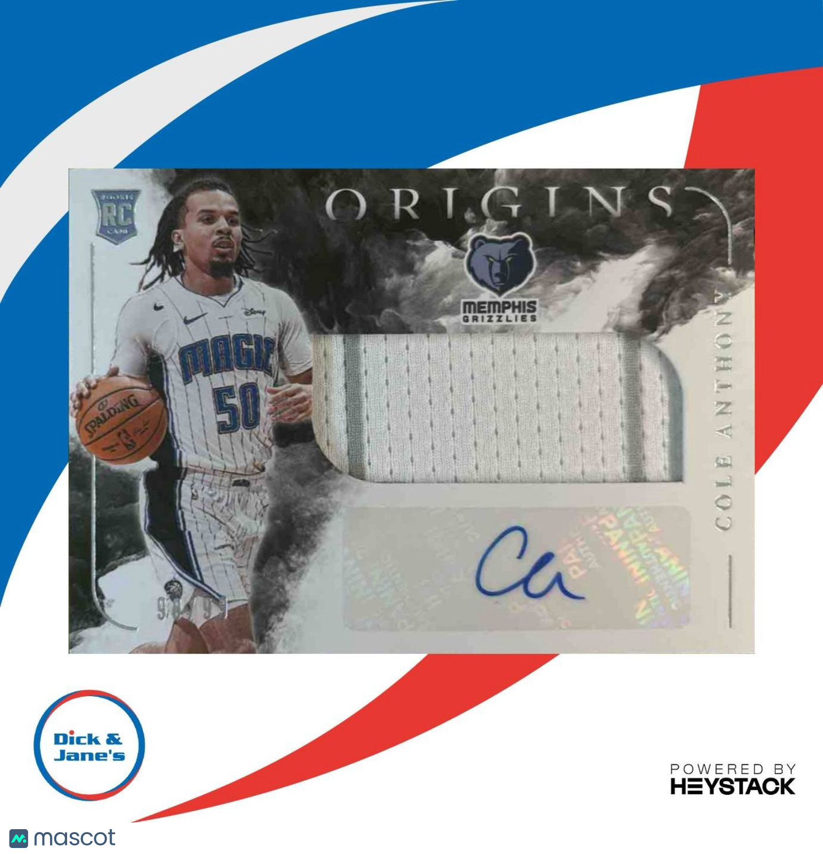 2020-21 Panini Origins Cole Anthony Rookie Jersey Auto /99 RC Orlando Magic