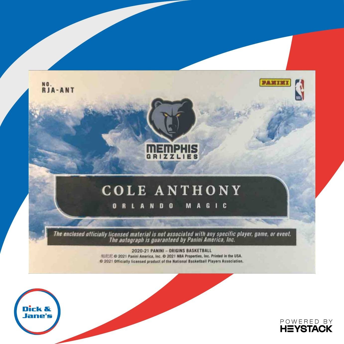 2020-21 Panini Origins Cole Anthony Rookie Jersey Auto /99 RC Orlando Magic